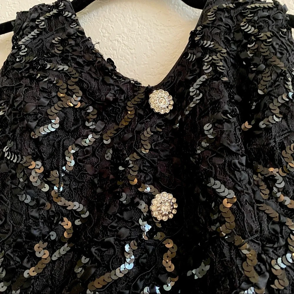 Bari Jay Black Sequin Satin Tulle Petticoat Diamond Button Formal Gown Dress 3/4 - Picture 4 of 12